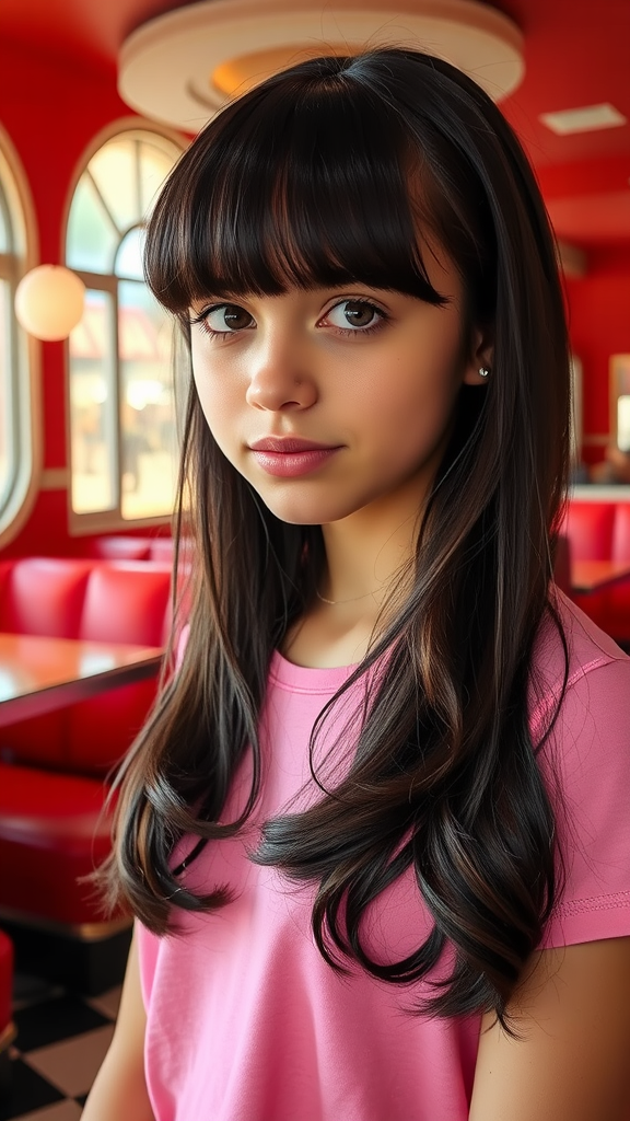 A girl with a flipped out lob hairstyle and curtain bangs, posing in a retro diner.