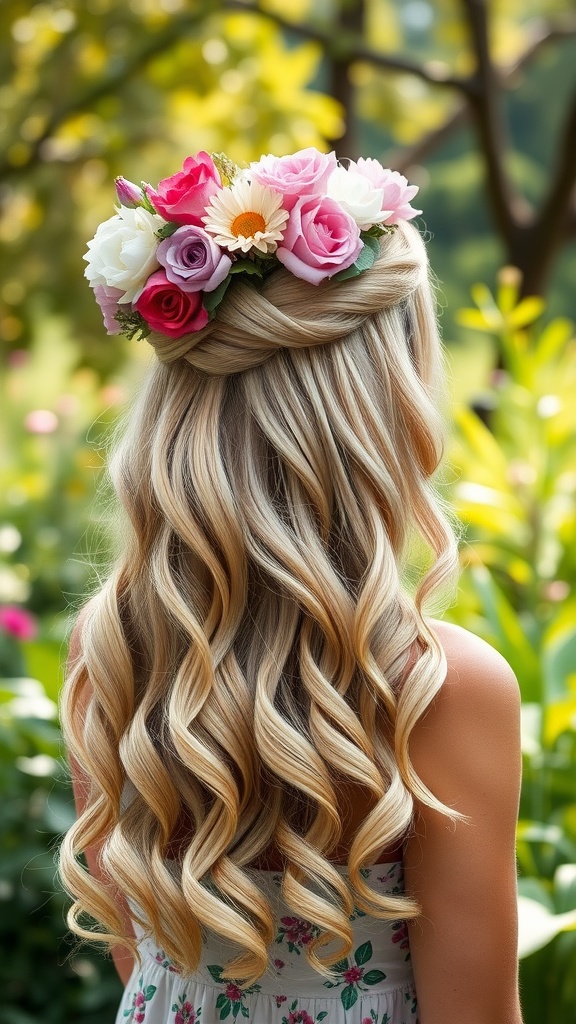 A woman with long wavy hair adorned with a floral crown