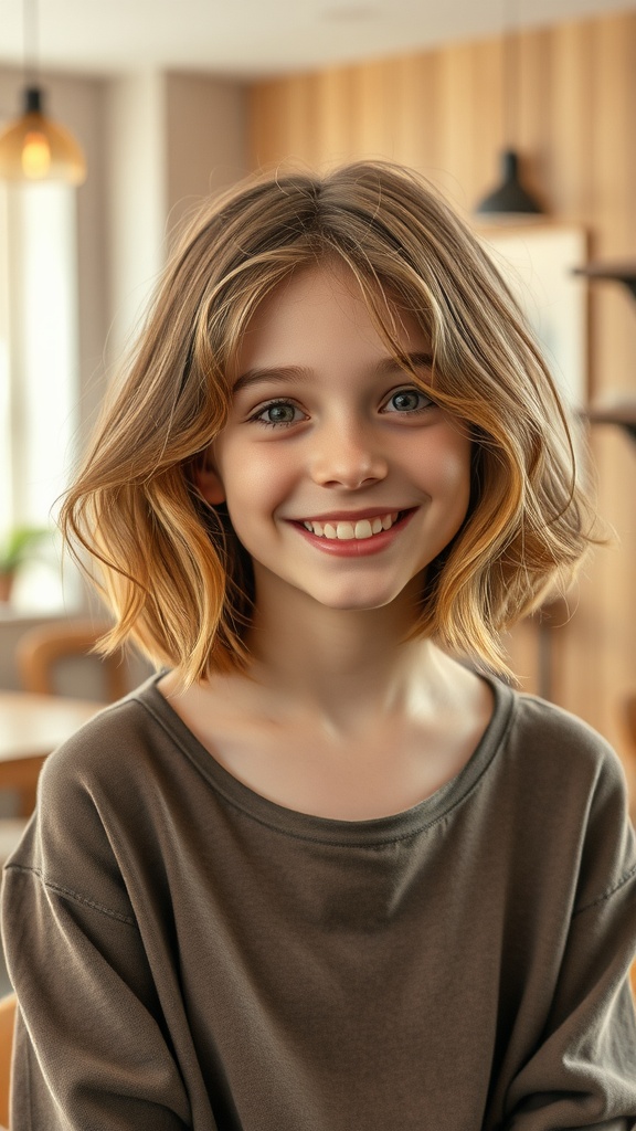 A young girl smiling with fluffy bob hairstyle and soft side bangs, wearing a relaxed sweater.