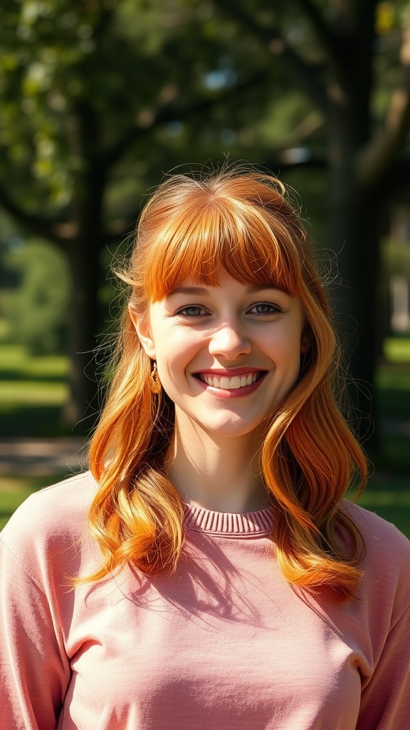 A smiling woman with medium-length hair styled in fluffy waves and curtain bangs, wearing a light pink sweater in a park setting.