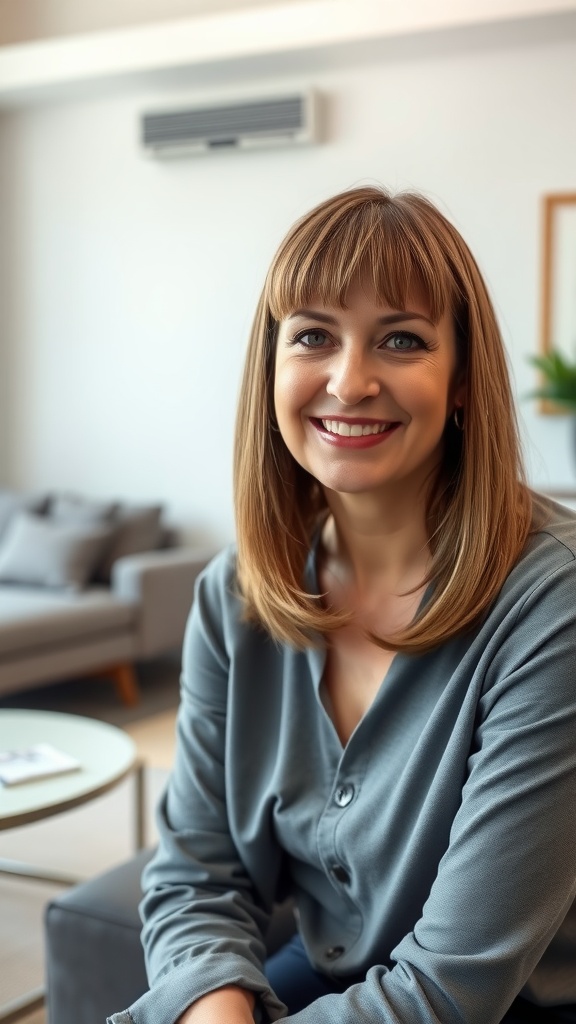 A woman with shoulder-length hair and a fringe, smiling in a modern living space.