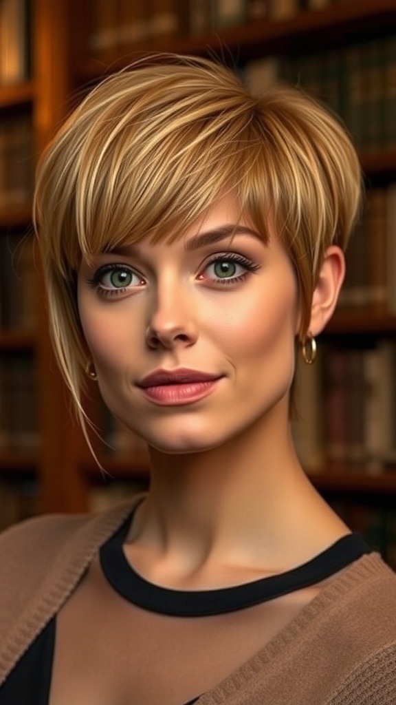 A woman with a fringed pixie cut and light blonde hair, showcasing a stylish look.