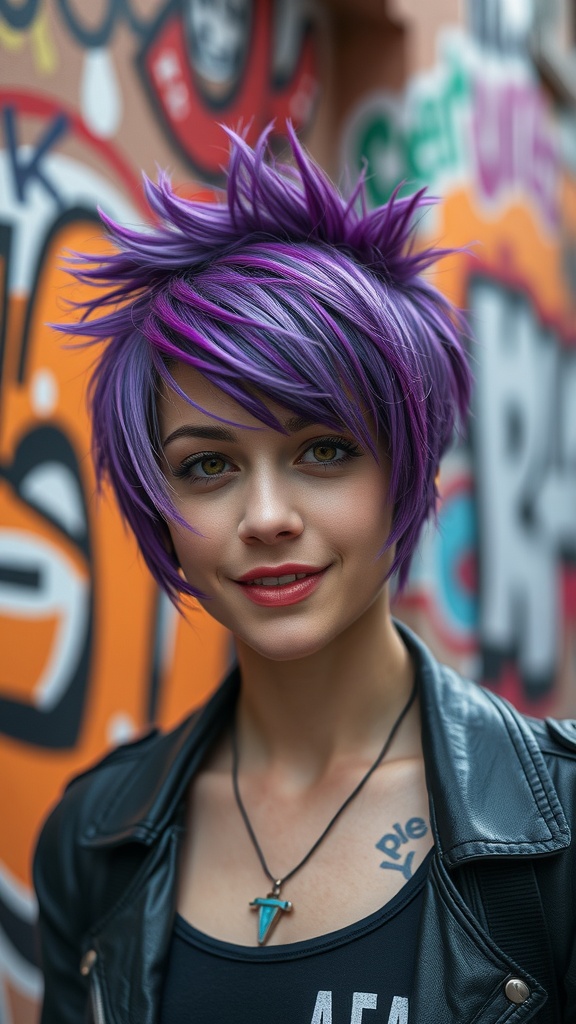 A woman with a funky shag hairstyle, featuring short purple hair with spiky tips, wearing a leather jacket and a graphic tee
