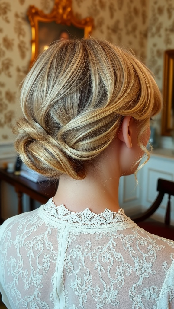 A woman with vintage Gibson Girl waves hairstyle, showcasing soft curls and a delicate lace top.