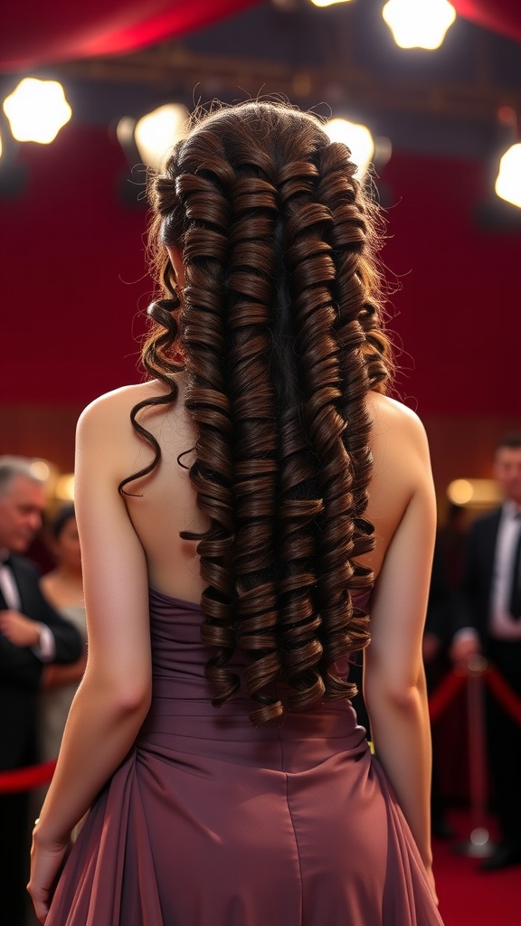 A woman with long spiral curls wearing an elegant dress, standing in a glamorous setting.