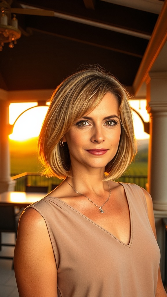A woman with a graduated A-line bob haircut, featuring face-framing layers, standing in a warmly lit setting.