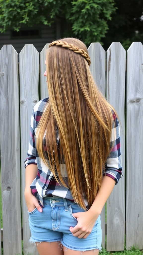A woman with long hair styled in a half-up braided crown, wearing a plaid shirt and denim shorts.