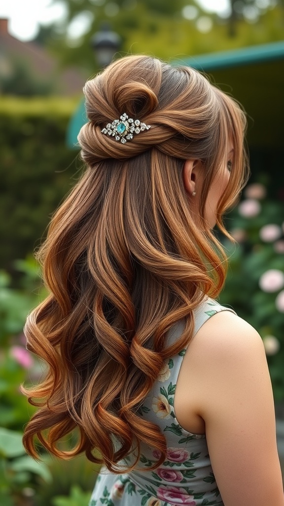 A woman with long hair styled in a half-up half-down twist, featuring elegant curls and a decorative hair clip.