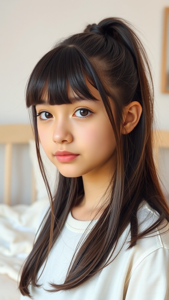 A teen girl with a half-up ponytail and blunt bangs, showcasing a stylish hairstyle.