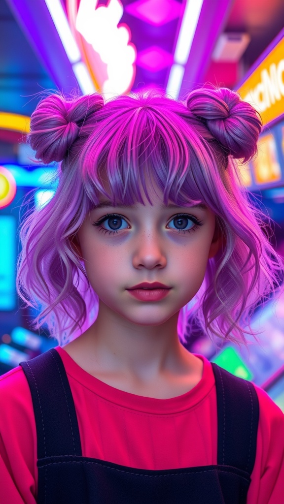 A teen girl with half-up space buns and wispy bangs, featuring vibrant hair colors in a fun setting.