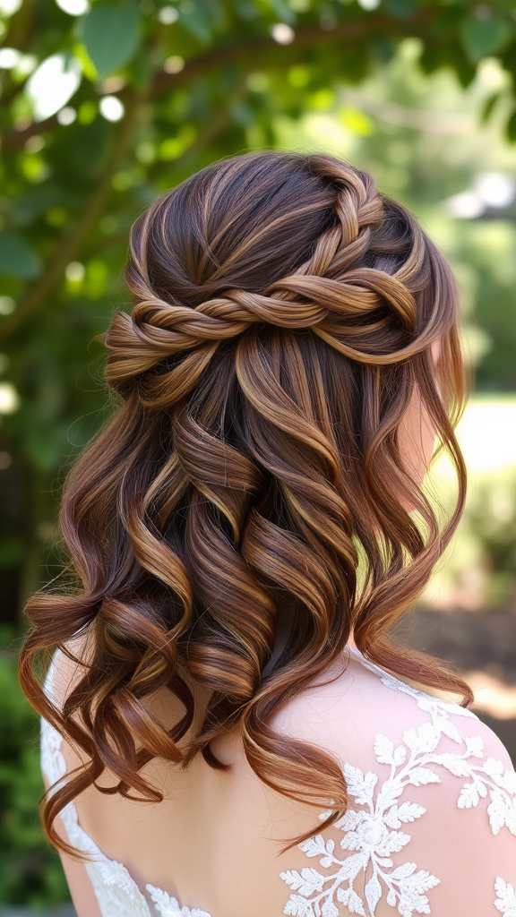 A woman with medium-length hair styled in a half-up twisted crown, featuring beautiful curls and a natural background.