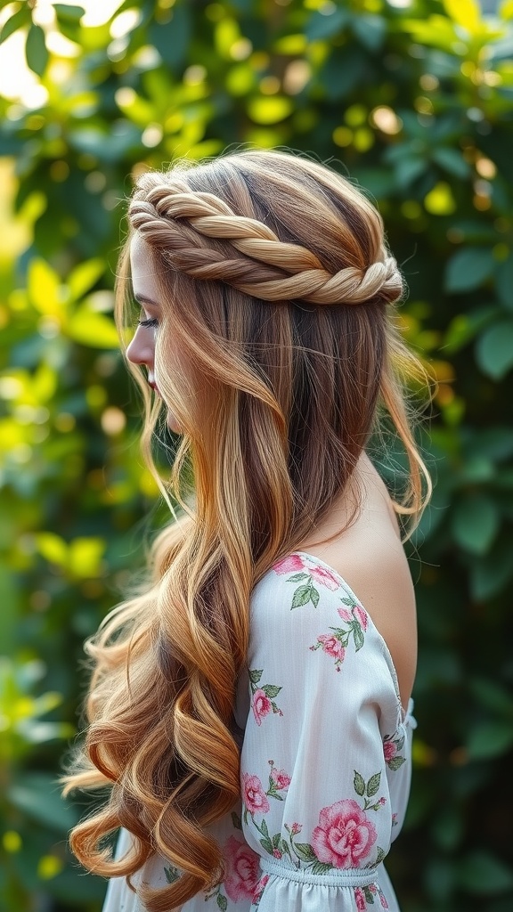 A woman with long, wavy hair styled in a halo braid with soft curls, wearing a floral dress.
