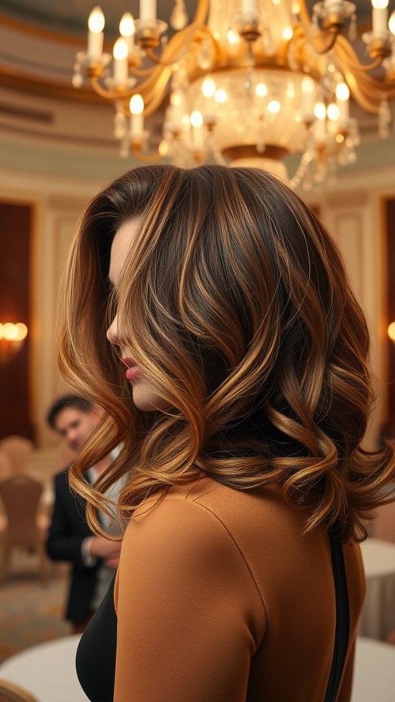 A woman with high-volume crown hairstyle, featuring soft waves and rich colors, in an elegant setting.