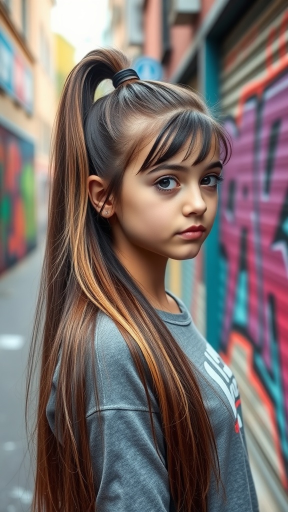 A girl with a high ponytail and side bangs, standing in a colorful urban setting.
