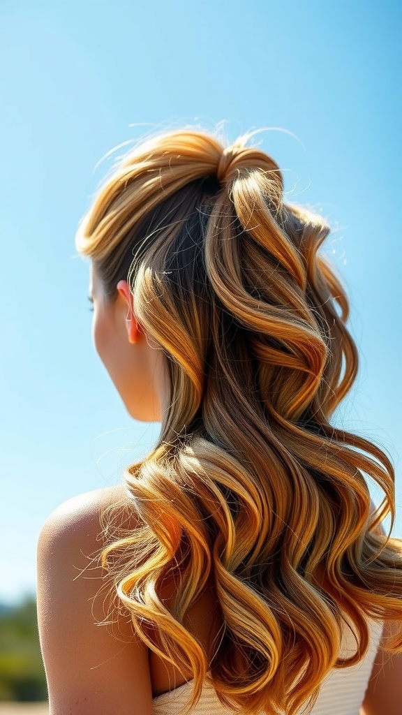 A woman with a high ponytail and wavy ends, showing off a stylish hairstyle against a clear blue sky.