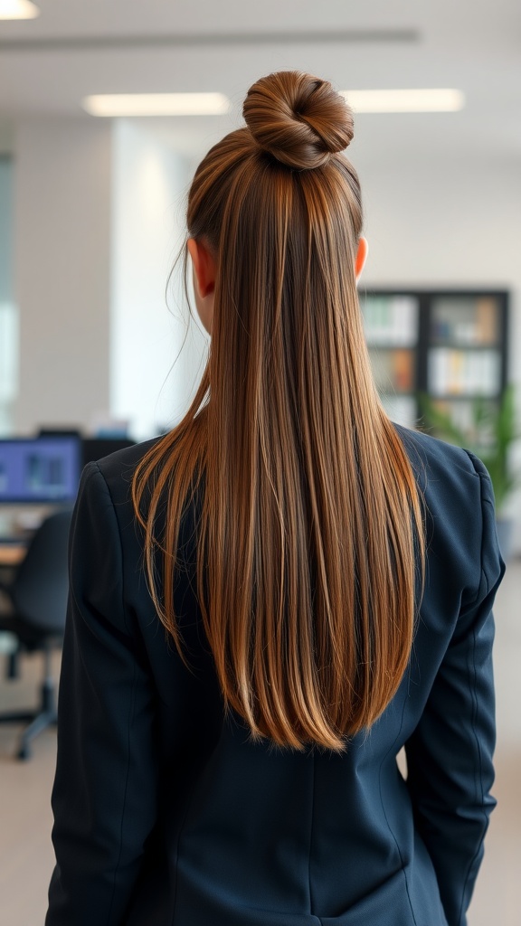 A woman with long hair styled in a high twisted bun, wearing a navy blazer, in a modern office setting.