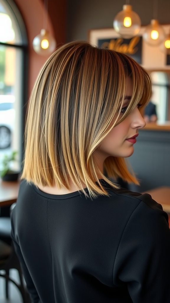 A woman with an inverted A-line bob haircut featuring highlights, looking stylish.