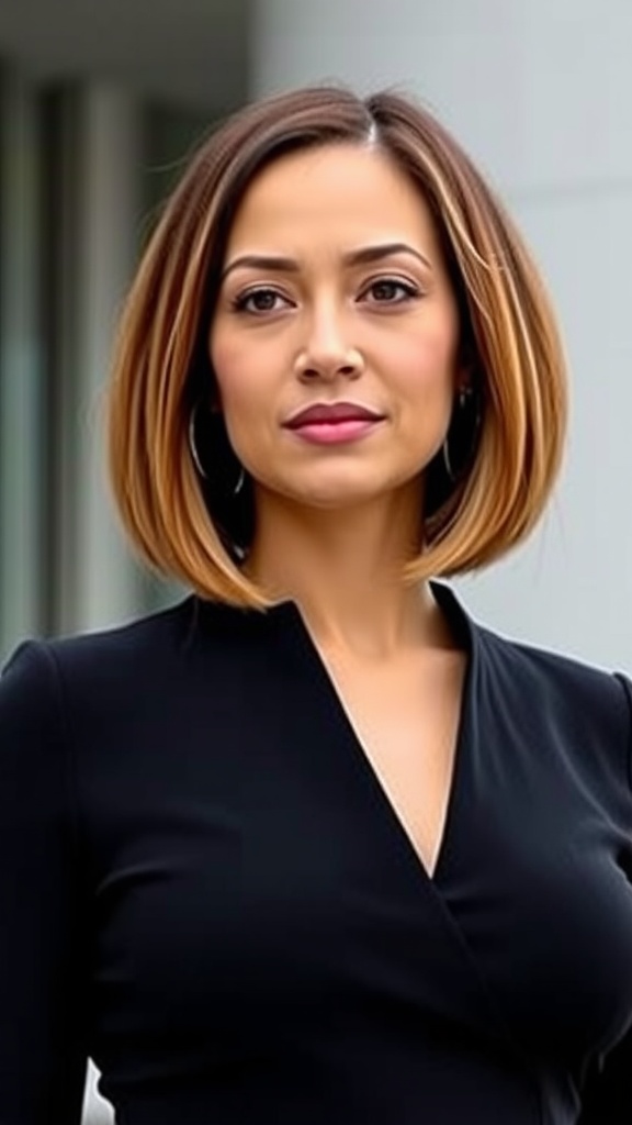 A woman with an elegant inverted bob hairstyle, featuring longer hair in the front and shorter layers in the back.