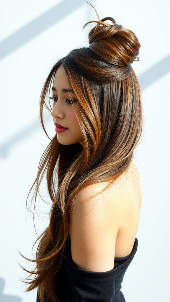 A woman with long hair styled in a knotted half-updo, showcasing flowing locks and a casual chic look.