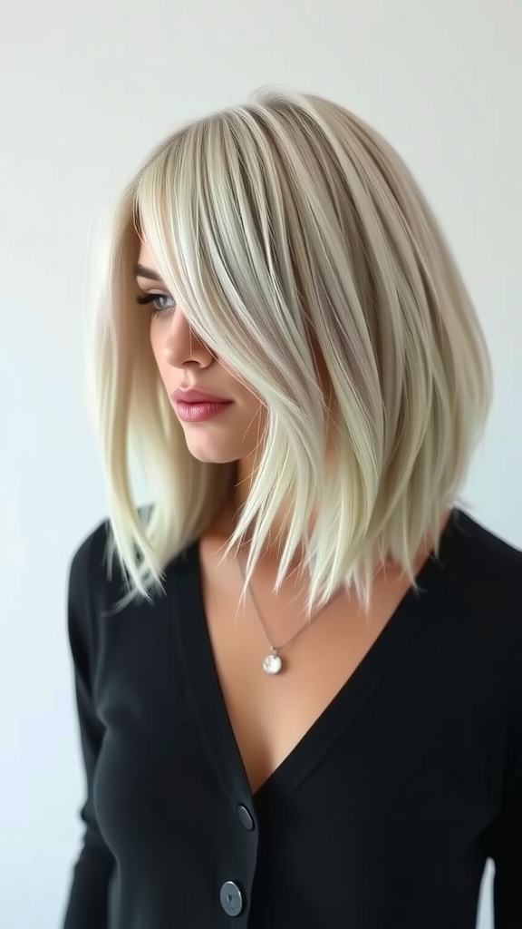 A woman with a layered A-line bob haircut in icy blonde tones, looking stylish and modern.
