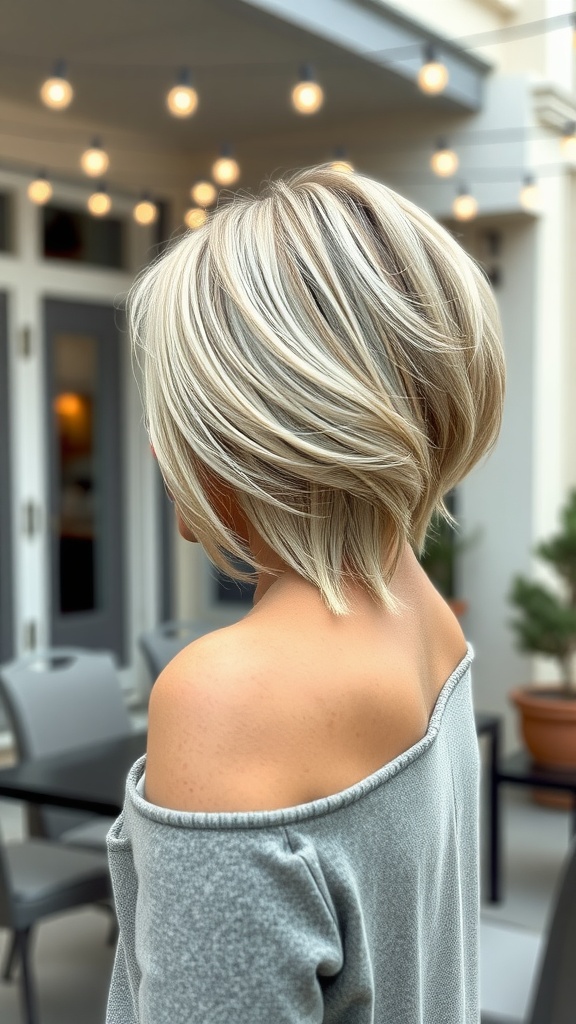 A woman with a layered asymmetrical bob hairstyle, showcasing blonde highlights and a stylish look.