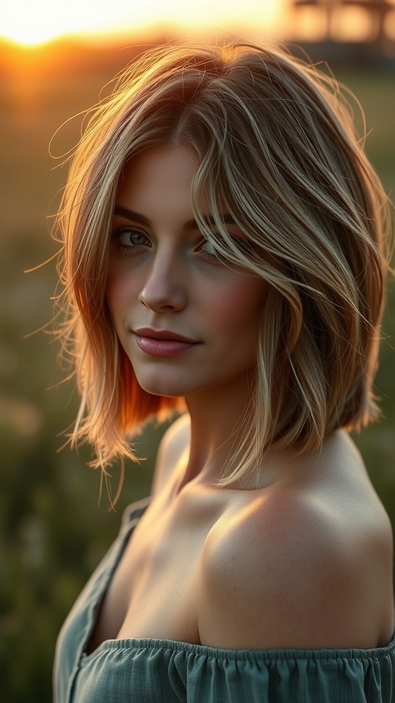 A woman with a layered asymmetrical bob haircut with wispy ends, standing outdoors during sunset, showcasing soft waves and natural highlights.