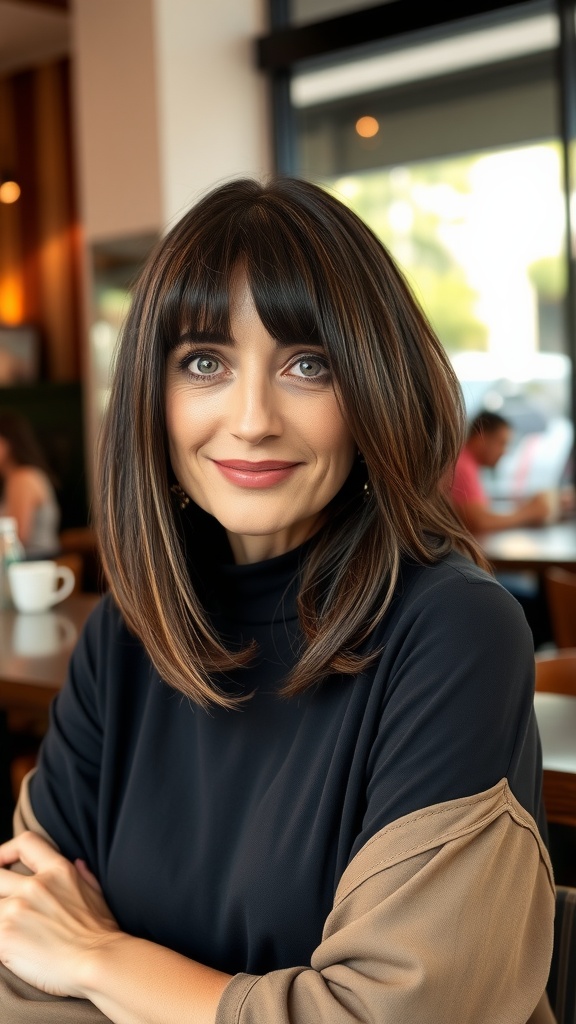 A woman with a layered bob shag hairstyle, featuring face-framing strands, sitting in a cafe.