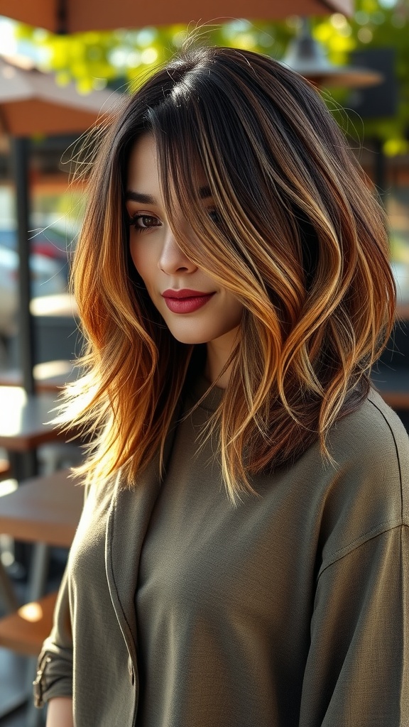 A woman with a layered bob haircut featuring balayage in warm tones, showcasing soft waves and a stylish appearance.