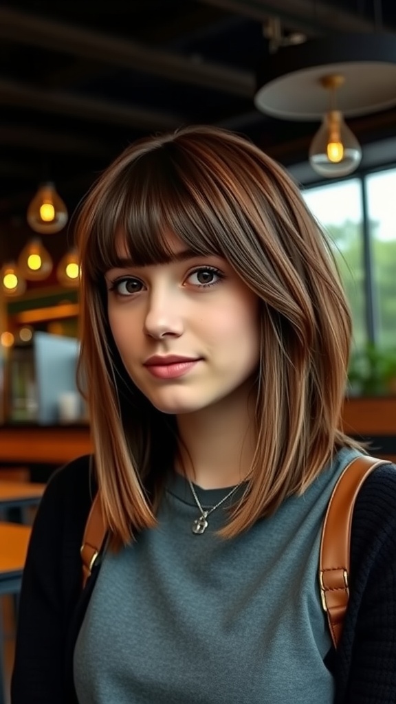 A woman with a layered bob haircut and bangs in a cafe setting.