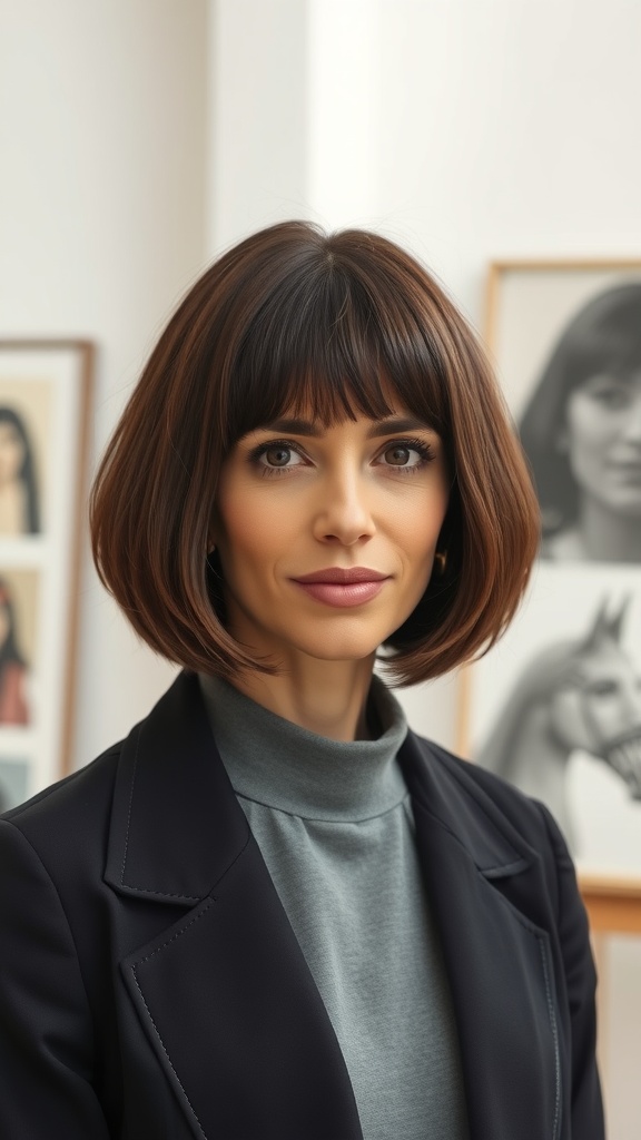 A woman with a layered bob haircut and blunt fringe, wearing a formal outfit.