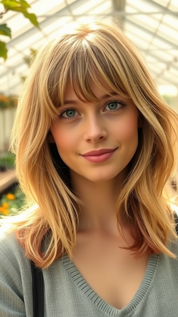 A woman with a layered bob haircut and curtain bangs, smiling in a bright space.