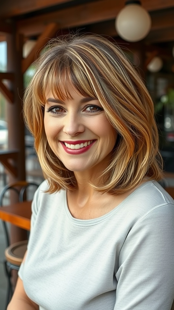 A woman with a layered bob haircut and curtain bangs, smiling in a casual setting.