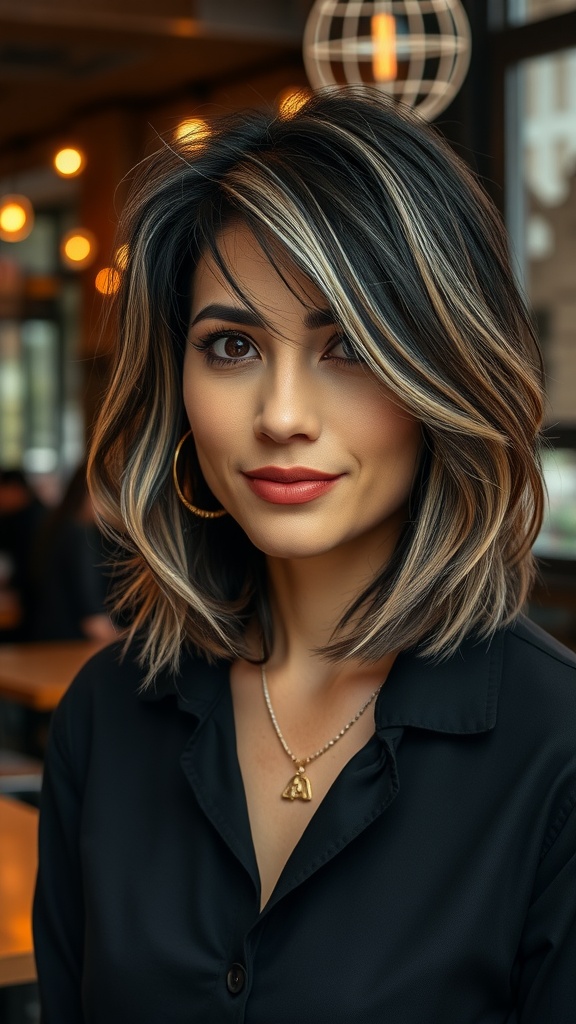 A woman with a layered bob haircut featuring face-framing highlights, wearing a black shirt with a necklace in a cozy café setting.