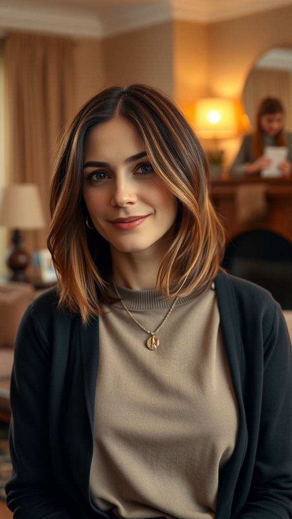 Woman with a layered bob haircut featuring highlights, looking stylish and casual