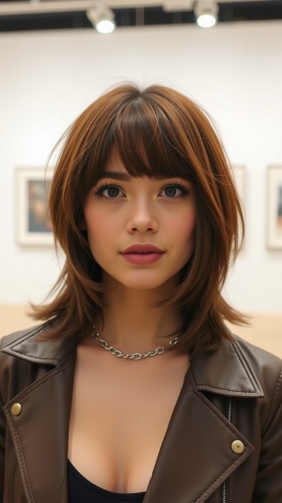 A woman with a layered bob haircut and micro bangs, wearing a leather jacket, with soft waves and warm brown hair.