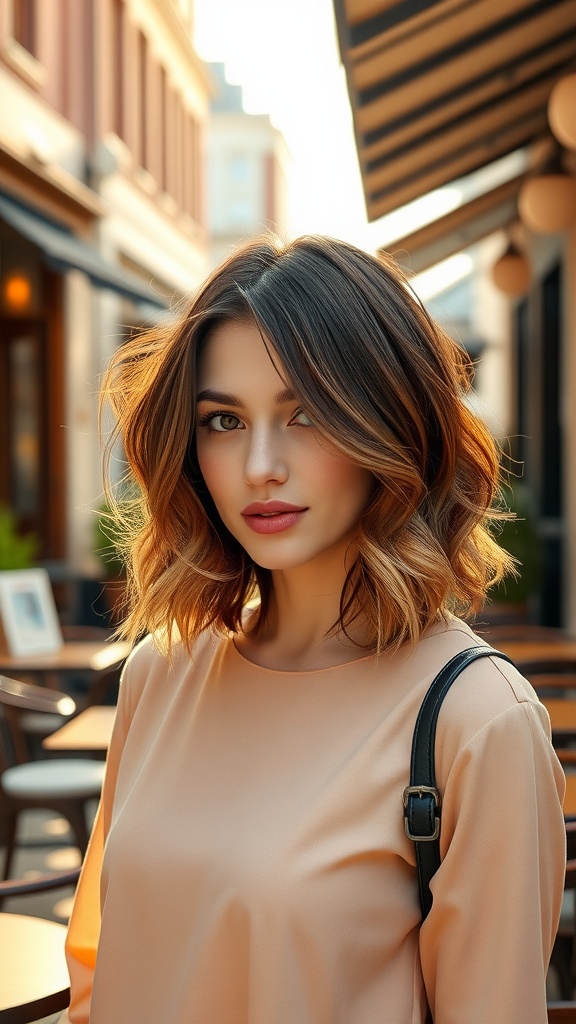 A woman with a layered bob haircut featuring an ombre effect, standing in an outdoor cafe setting.