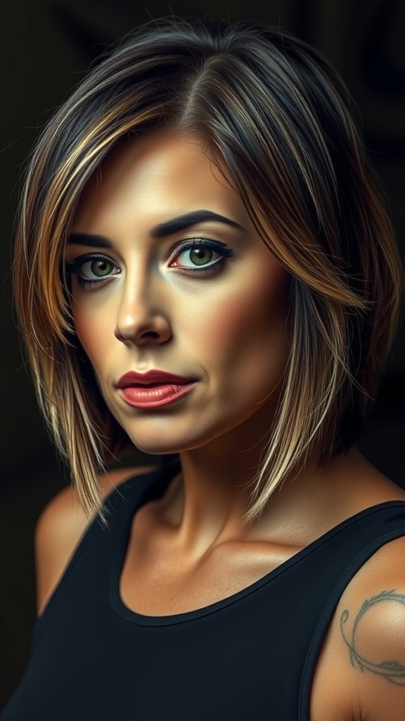A woman with a layered bob haircut featuring razor-cut ends, showcasing a stylish and modern appearance.