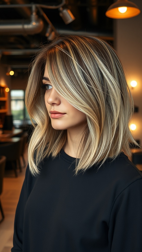 A woman with a layered bob haircut featuring shadow roots, looking stylish and modern.