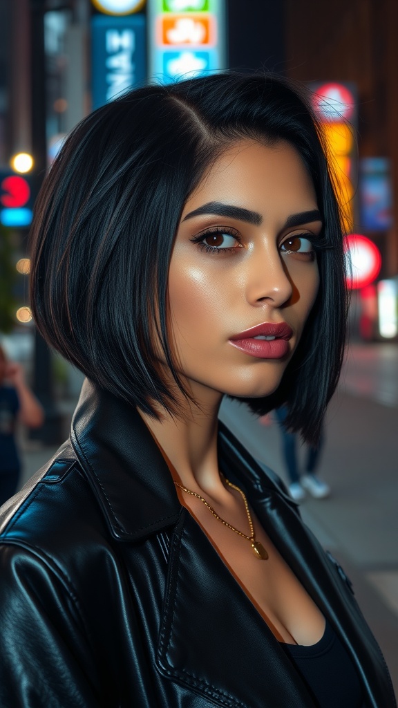 A woman with a layered bob haircut and a side shave, showcasing a modern and edgy style against a city backdrop.