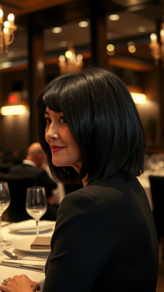 A woman with a sleek layered bob hairstyle with tapered ends, sitting at a dining table.