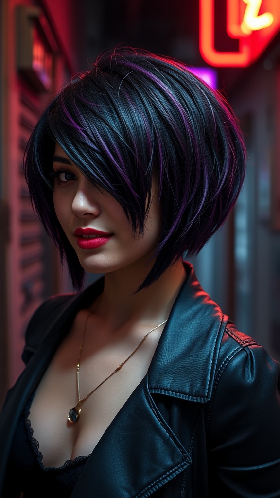 A woman with a layered bob haircut featuring an undercut, showcasing dark hair with purple highlights.
