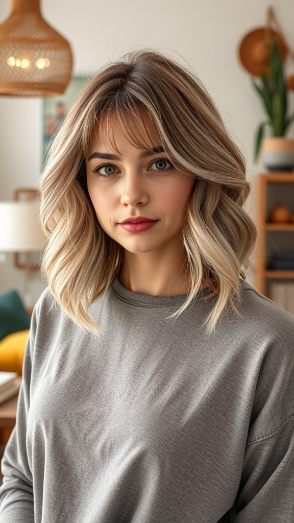 A woman with a layered bob haircut and wavy bangs, looking stylish and confident.