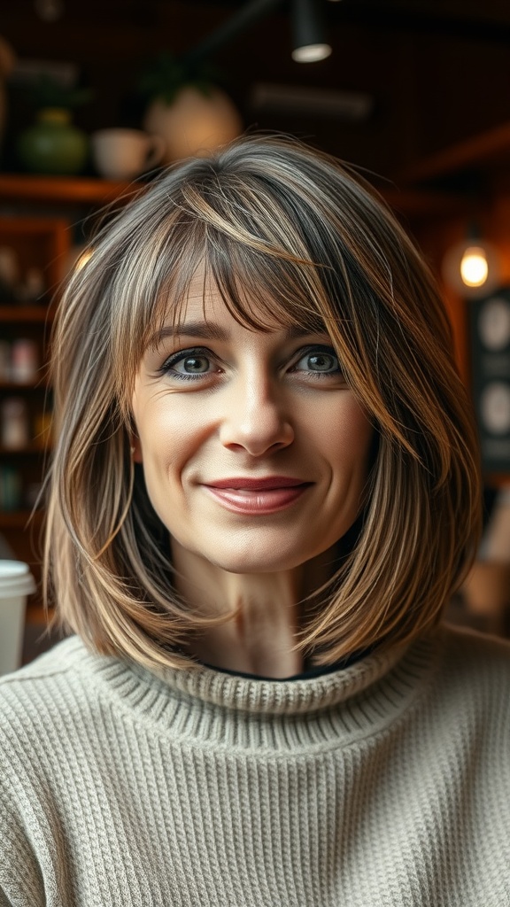 A woman with a layered bob hairstyle and wispy fringe, smiling warmly in a cozy setting.