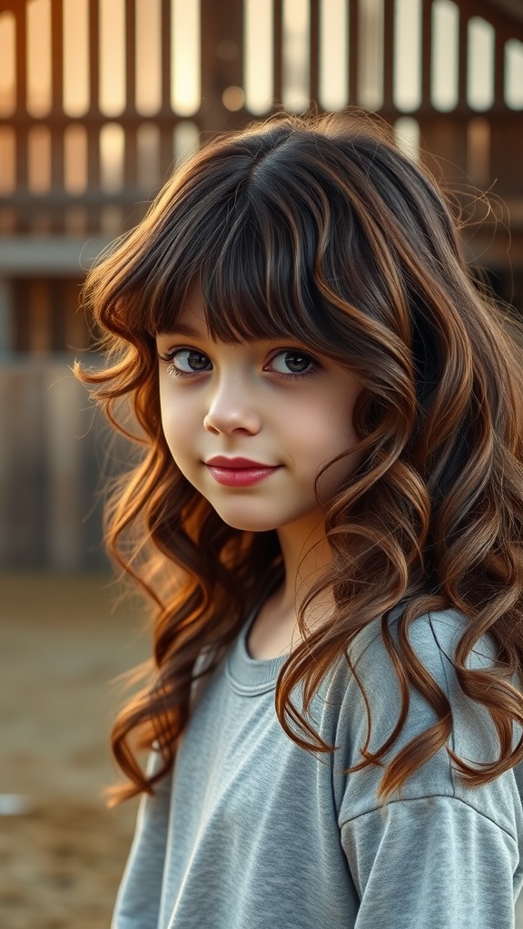 A young girl with layered curls and side bangs, smiling softly
