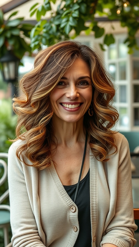 A woman with layered curls and wispy front bangs smiling