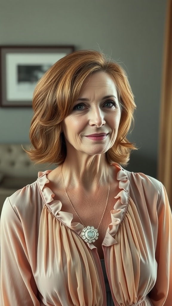 A woman over 60 with layered medium-length hair styled in soft curls, wearing a light peach blouse and a necklace, smiling warmly.