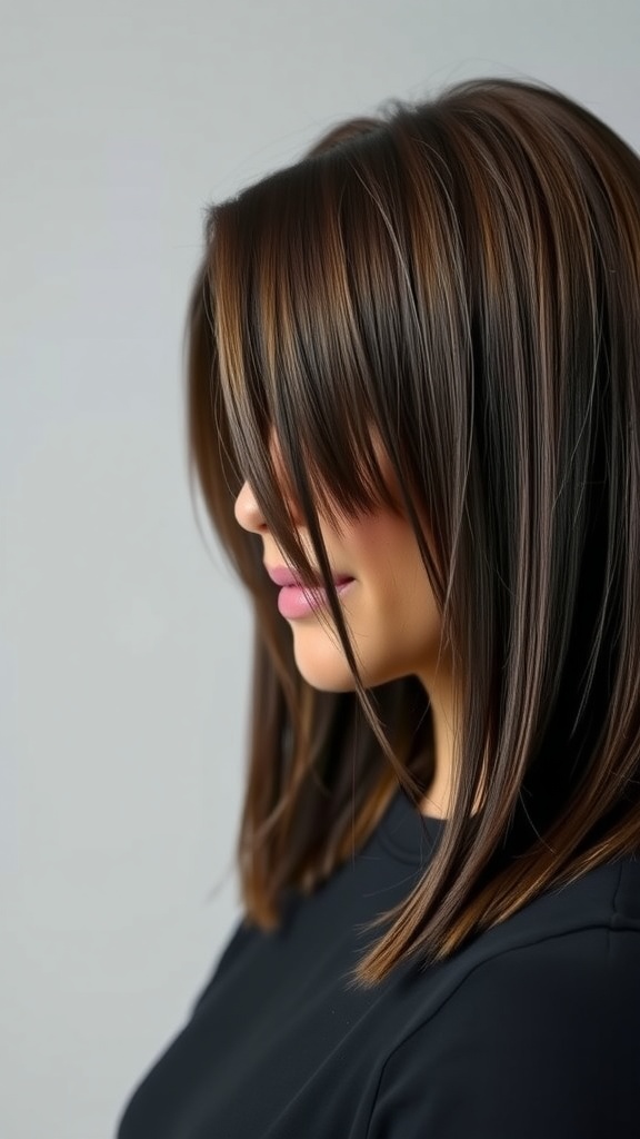 A woman with medium length layered hair styled straight, showing shiny highlights.