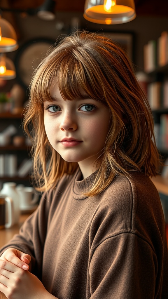 A girl with layered hair and a textured fringe, sitting in a cozy cafe setting.