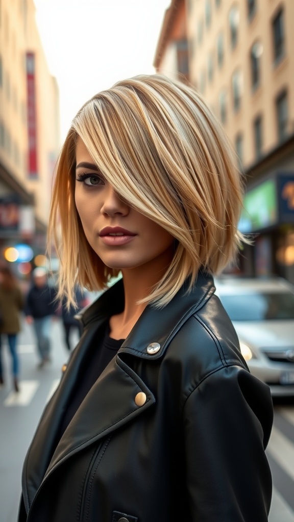 A woman with a layered inverted bob hairstyle standing on a busy city street.