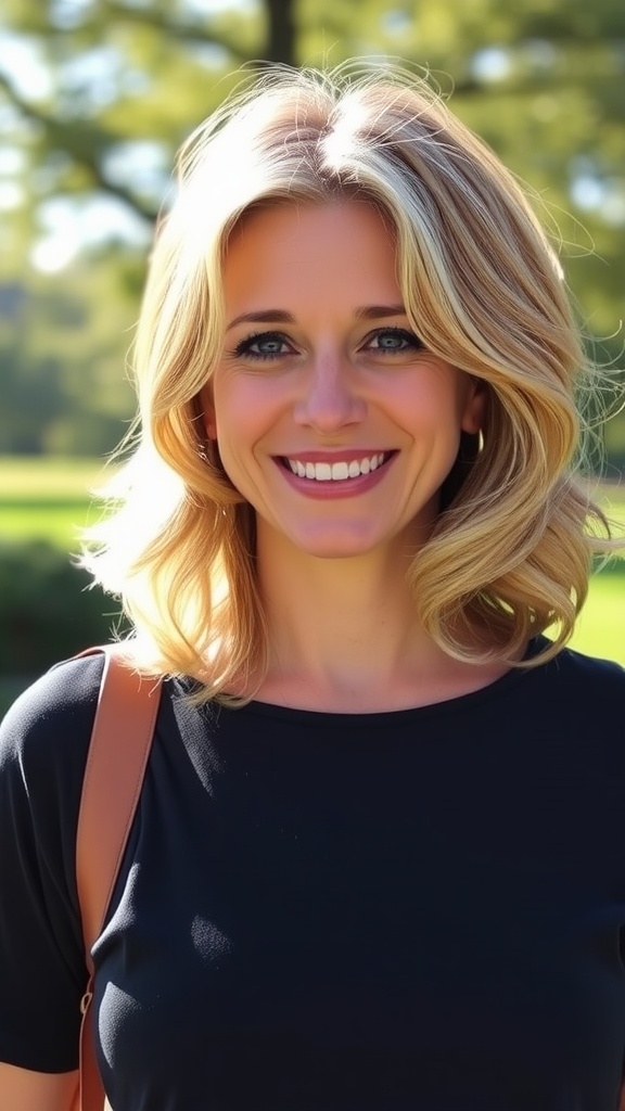 A woman with a layered lob hairstyle, smiling outdoors.